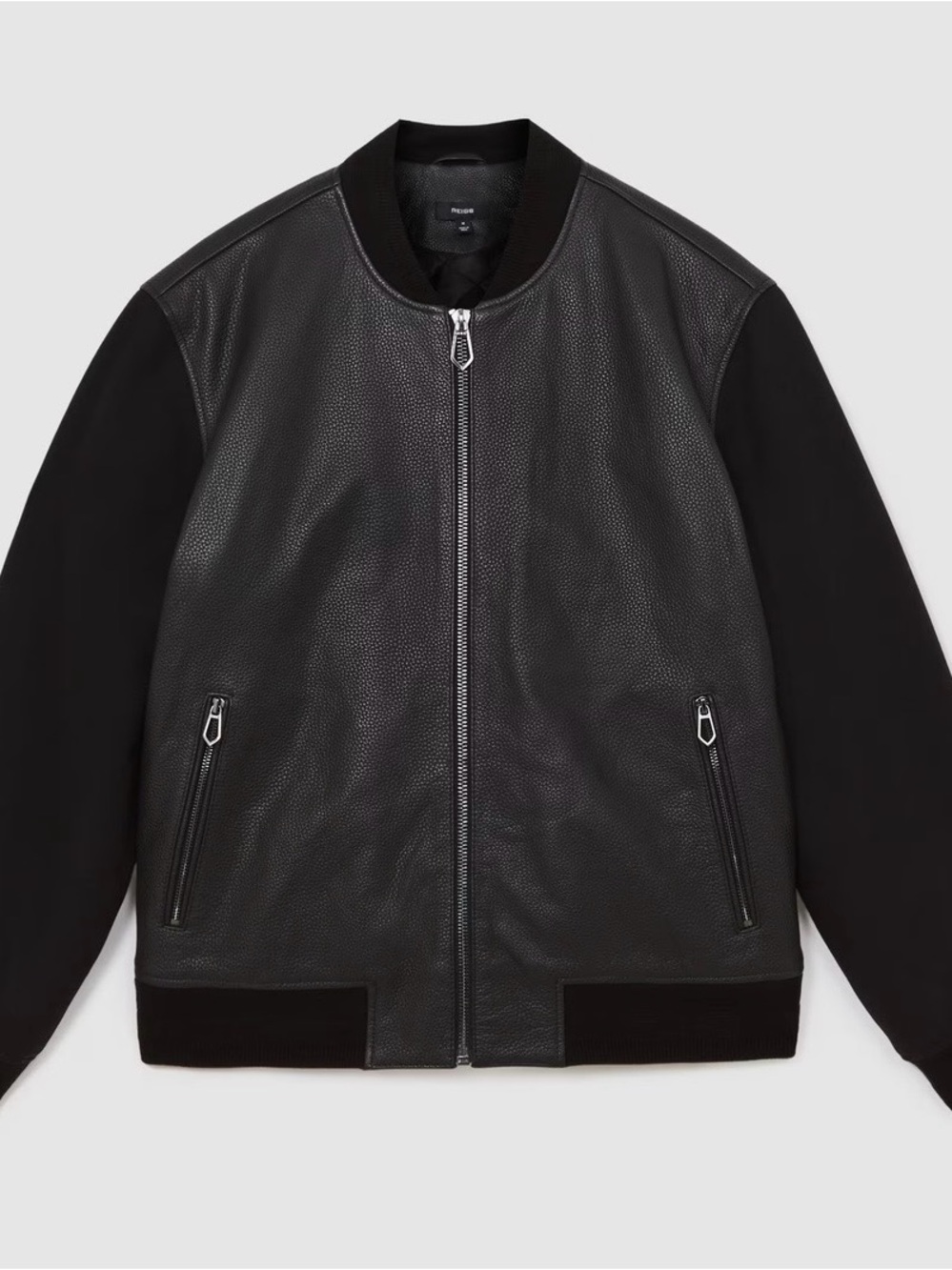 Reiss Black Leather-Front Bomber Jacket with Knit Sleeves